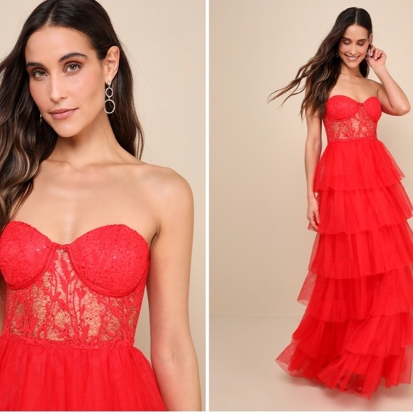 LULU's Elegant Prom Wedding Special Event Sexy Bustier Tiered Ruffle Maxi Dress - Picture 1 of 4